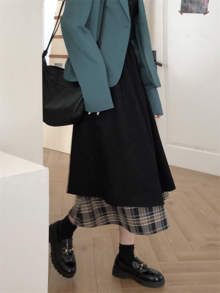 大码高腰格纹拼接半身裙女2023年秋季新款百搭胖mm遮肚a字中长裙