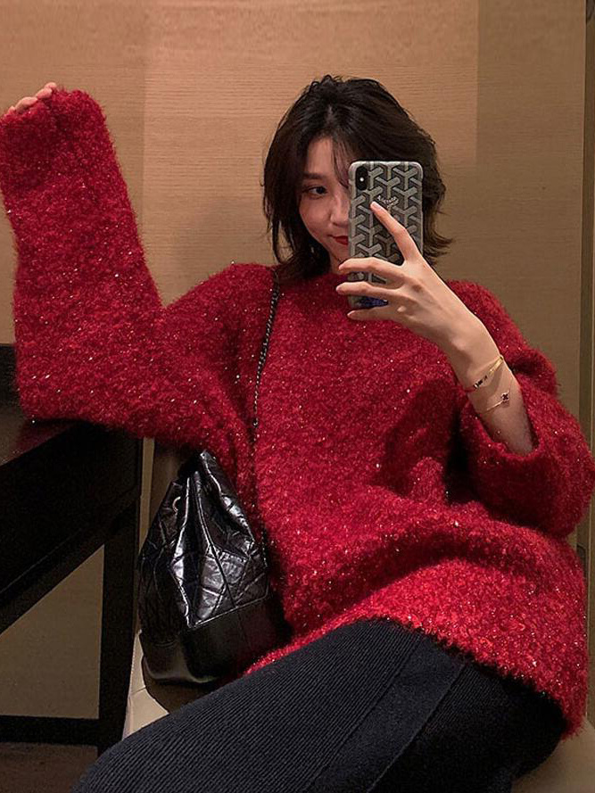 慵懒风车厘子圣诞红亮丝闪闪红色毛衣女秋冬外穿洋气新年套头上衣