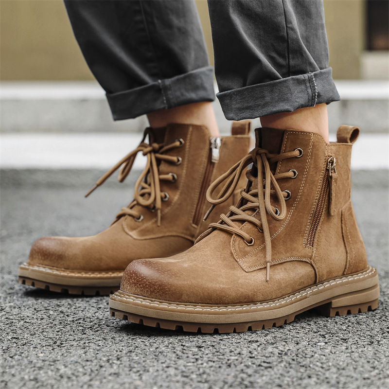 男款圆头马丁靴英伦风百搭复古高帮靴子休闲侧拉链工装切尔西男靴