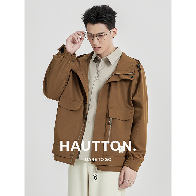 HT高级感连帽工装夹克衫男2024秋季新款户外冲锋宽松款外套上衣男