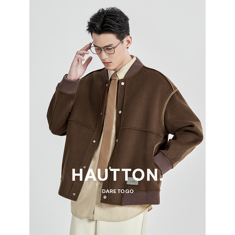 Hautton皓顿拼接设计感毛呢外套男24秋冬季新款休闲短款呢子夹克