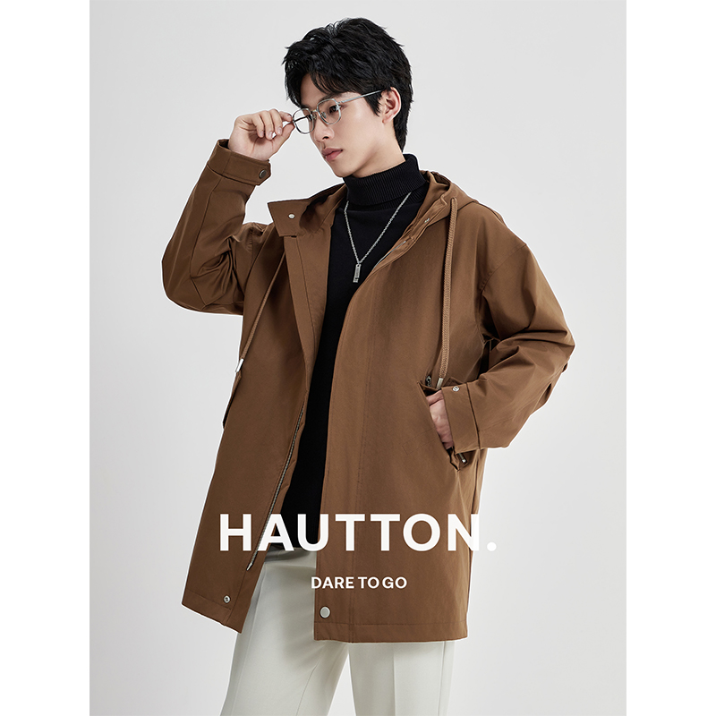 皓顿连帽中长款男士风衣2025秋季新款宽松休闲外套大衣973FY4100