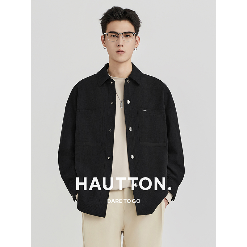 Hautton皓顿黑色痞帅高级感男士夹克24秋季新款宽松休闲外套上衣