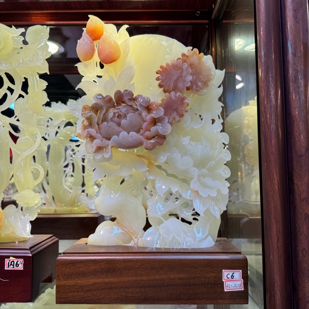 【28cm*12cm*48cm-花好月圆】新中式牡丹雕刻摆件客厅玄关博古架