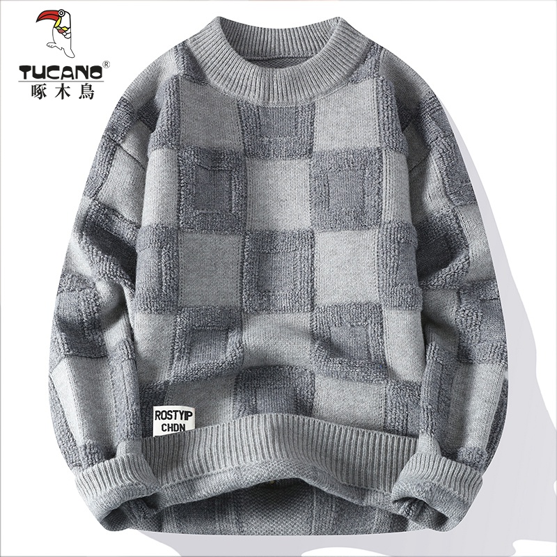 撞色毛衣男秋冬款潮牌宽松慵懒风格子打底针织衫冬季加厚保暖上衣