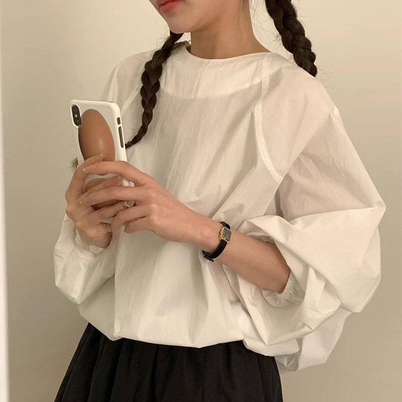 东大门egg春夏新款圆领泡泡长袖衬衫衣摆抽绳女上衣（no退换）