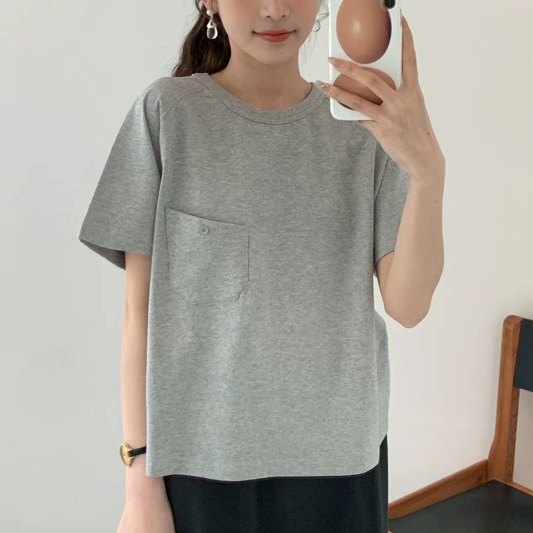 东大门egg鸡蛋家净版纯色口袋T恤舒适百搭女上衣（no退换）