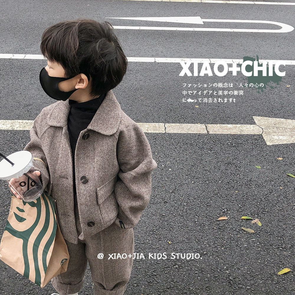韩童装2023秋冬新品儿童呢大衣裤子套装男女童英伦风休闲两件套