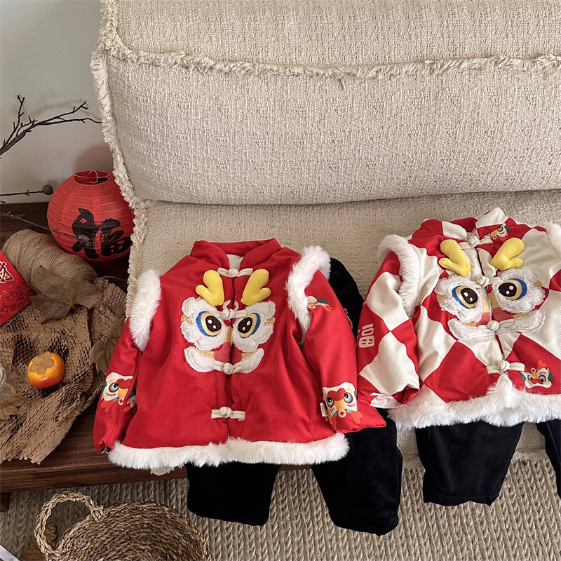 兄妹装男童秋冬加绒汉服套装女童加厚唐装宝宝周岁礼服女孩拜年服