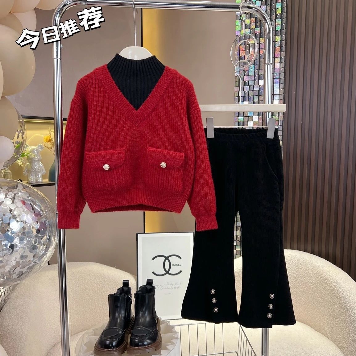 女童秋冬套装2023新款洋气中大童时髦高领毛衣儿童加绒裤子两件套