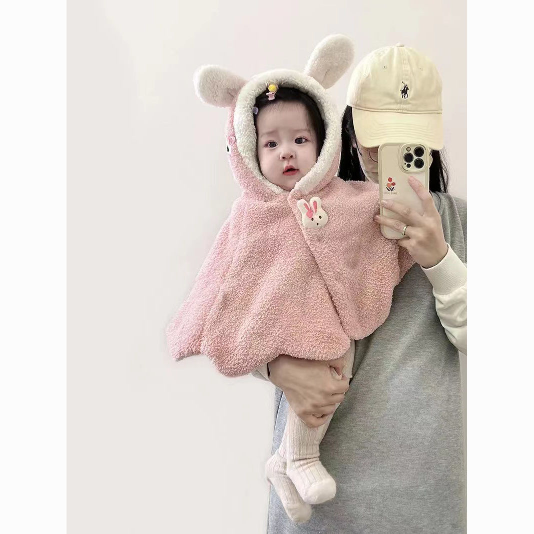 宝宝披风斗篷秋冬外出超萌连帽加绒披肩婴儿防风保暖上衣冬季外套