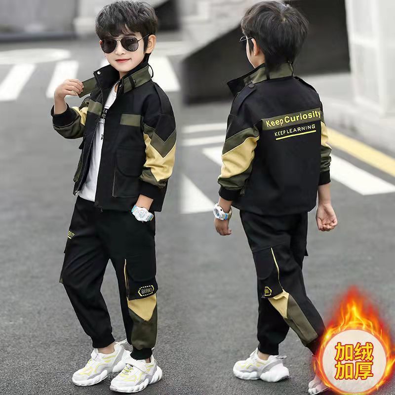 男童加绒工装套装新款秋冬款中大儿童冬季运动秋装加厚两件套
