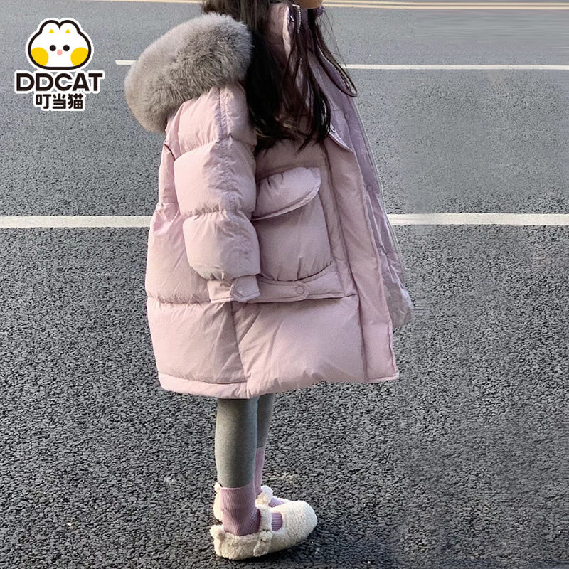 女童洋气大毛领连帽羽绒服儿童中长款衣秋冬款加厚保暖外套