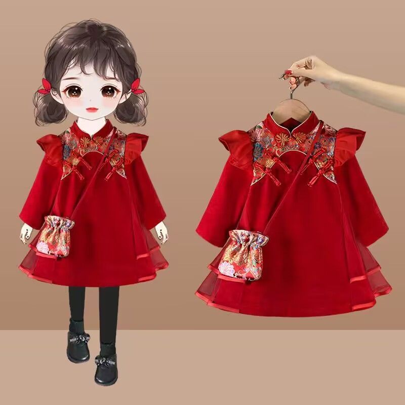 童装潮款女童旗袍连衣裙秋冬新款洋气中国风抓周宴裙子女