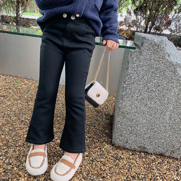 吧啦女童新款裤子春秋显瘦喇叭裤儿童潮一体绒牛仔裤女宝黑色加绒