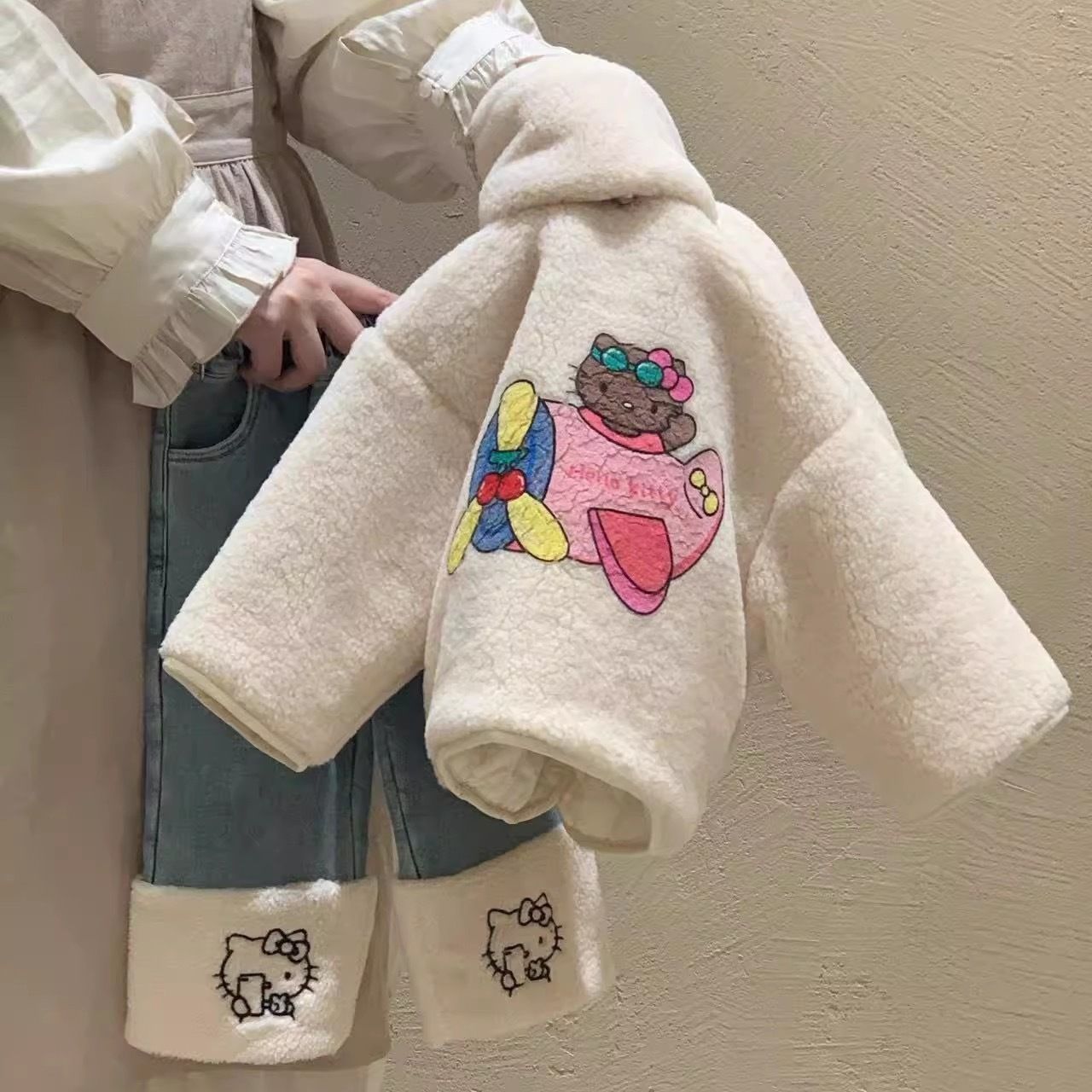 吧啦女童冬装套装2023新款女宝宝洋气夹棉加厚毛外套加绒牛仔裤两