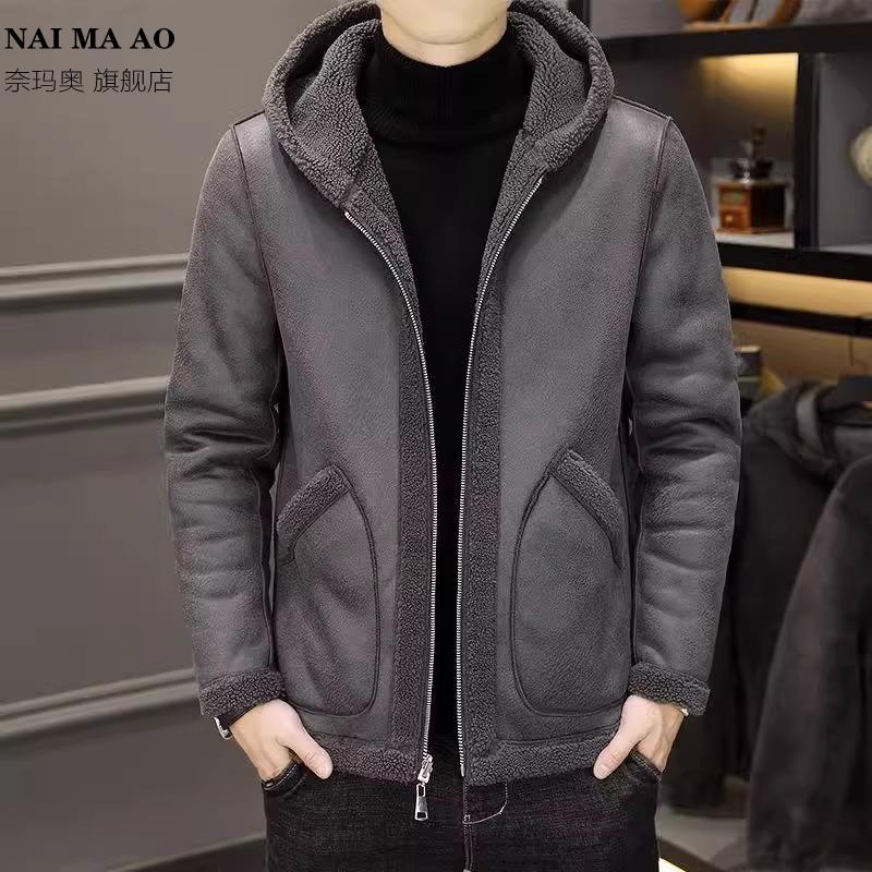 潮牌连帽百搭双面穿羊羔绒外套男士冬季新款时尚舒适保暖毛呢夹克
