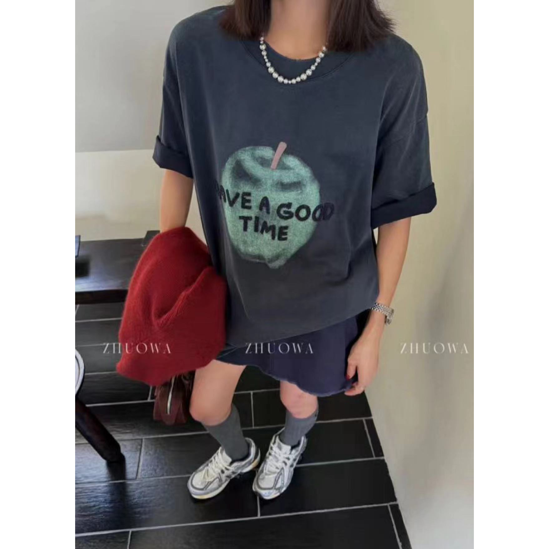 张开心-001-099欧货女装    短袖美式夏季复古宽松印花设计师深