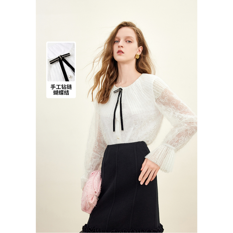 【黄蓉推荐】missCOCOON绒感刺绣荷叶边网纱衬衫0369