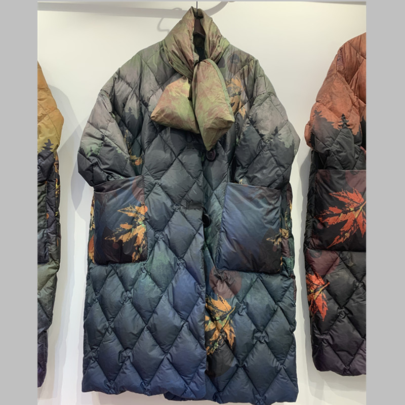 文艺复古印花围脖2022新款羽绒服女中长款花色薄款大码宽松外套潮