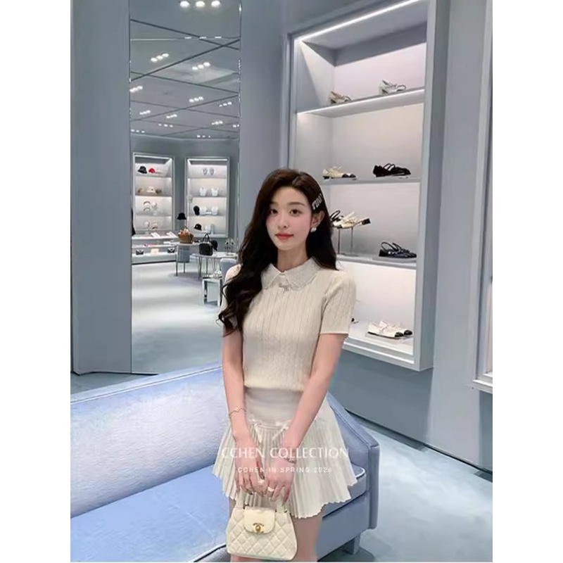 撞色蕾丝娃娃领短袖正肩t恤女夏季韩系短款修身小众针织上衣薄款