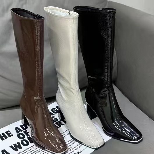 漆皮方头高筒长靴显瘦骑士靴女粗跟高跟秋冬靴子
