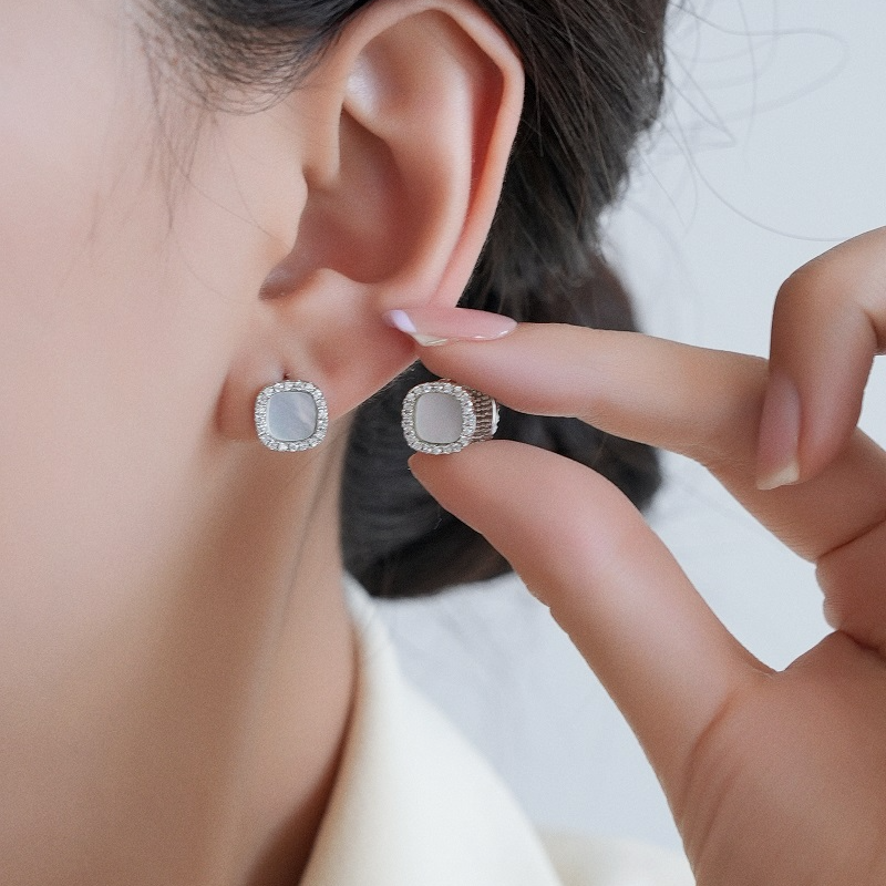 铜合金耳饰 925银针贝壳双面方形耳扣高级感耳环2024年新款女气质
