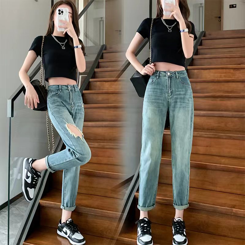 2025小个子春秋新款薄款微弹高腰显瘦宽松破洞梨形身材哈伦牛仔裤