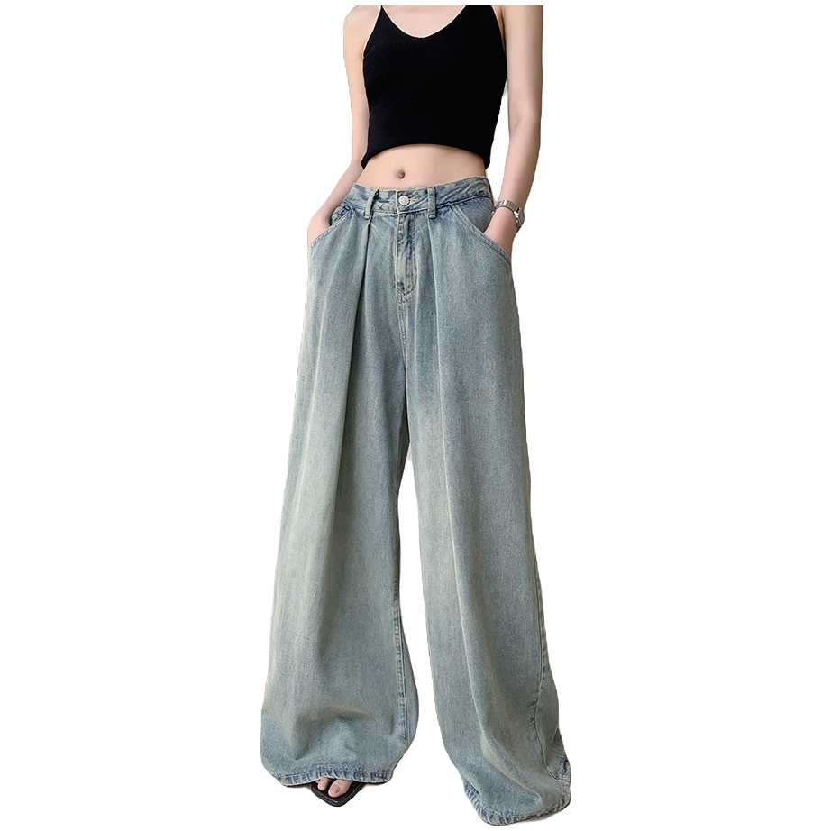 高腰显瘦复古时尚宽松直筒设计感百搭春秋牛仔裤