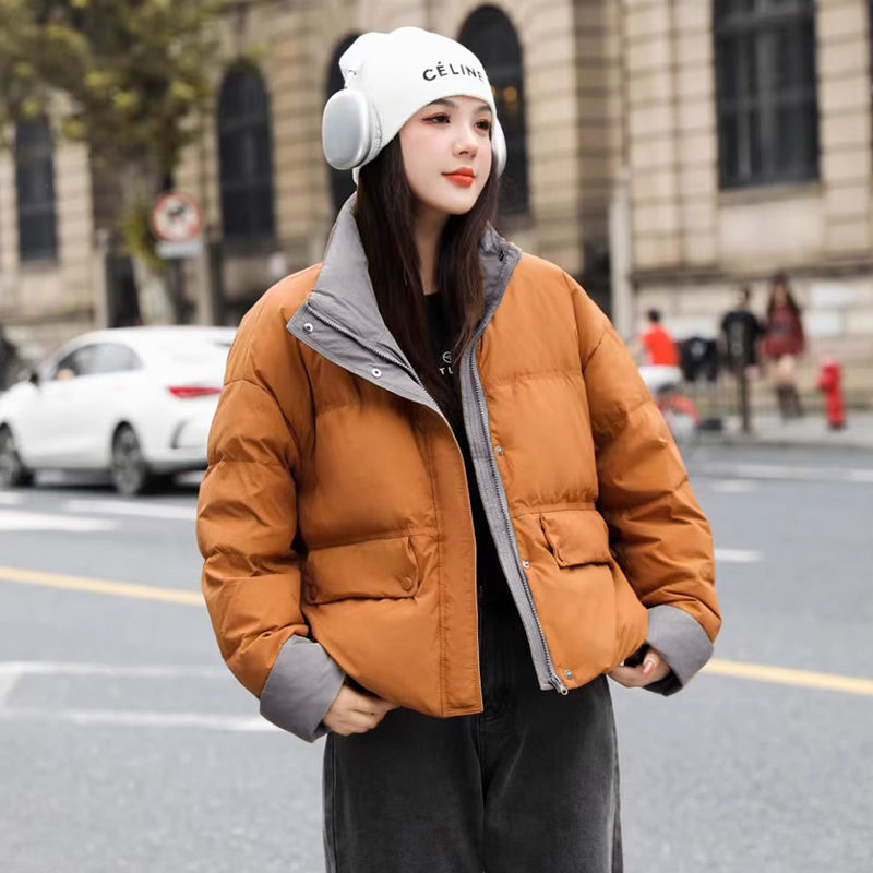 高梵欧货立领撞色轻薄羽绒服女冬季2023新款小个子宽松时尚面包外