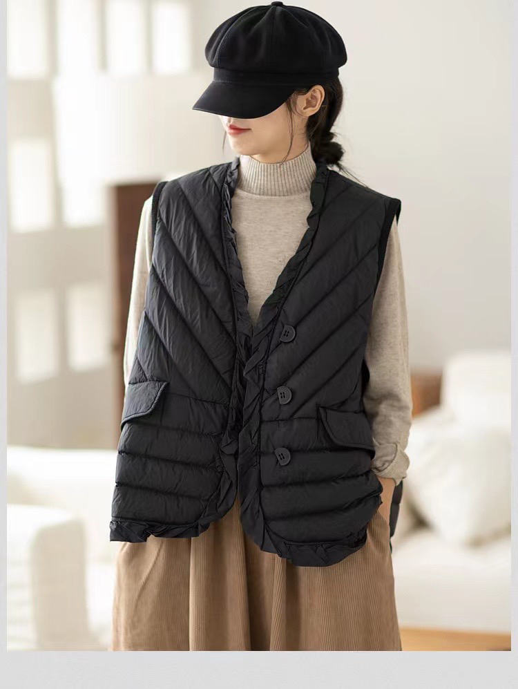 21820#时尚休闲荷叶花边保暖马甲秋冬纯色冬季女士轻薄韩版