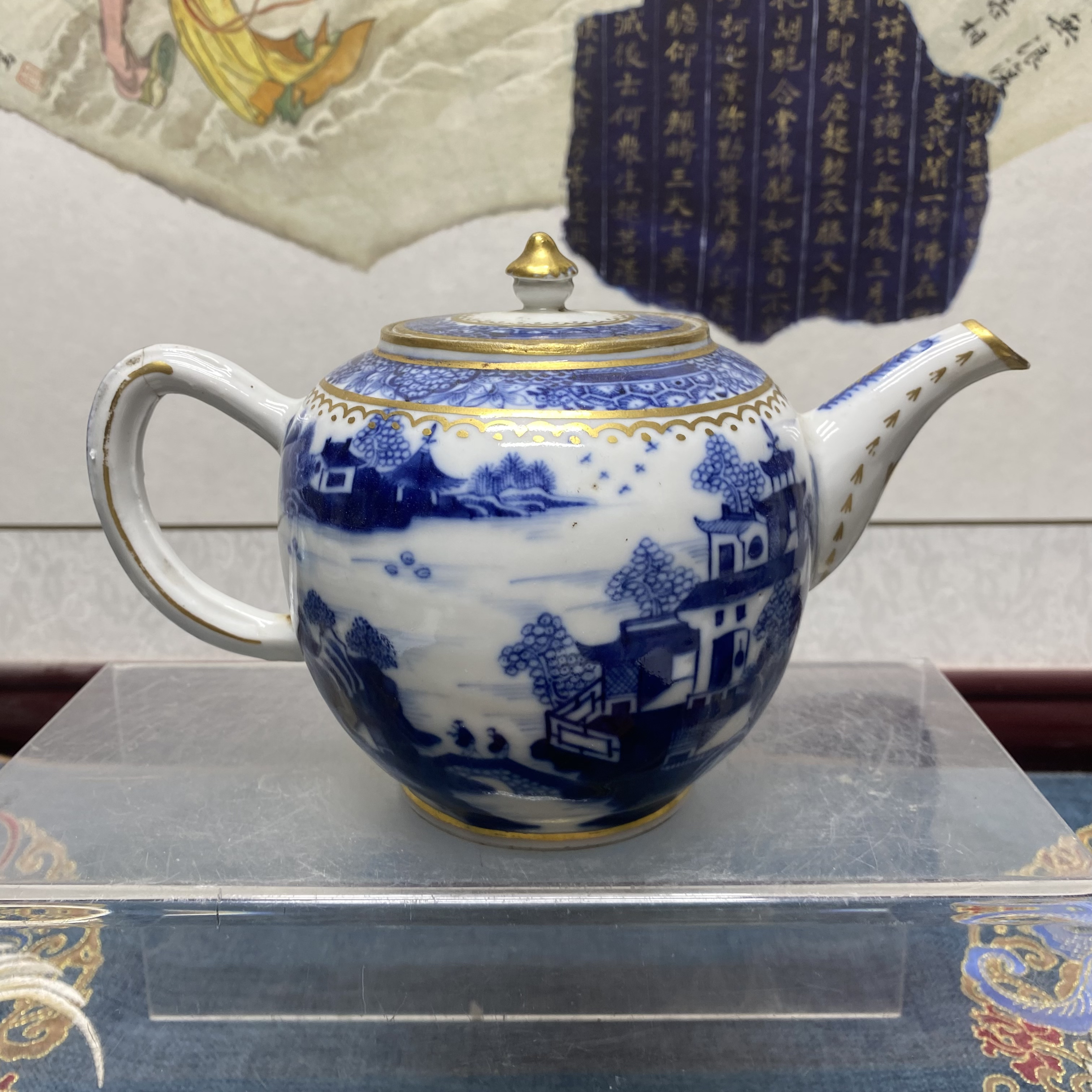 清乾隆细路青花描金山水亭台楼阁执壶24/古玩/KC20241125001