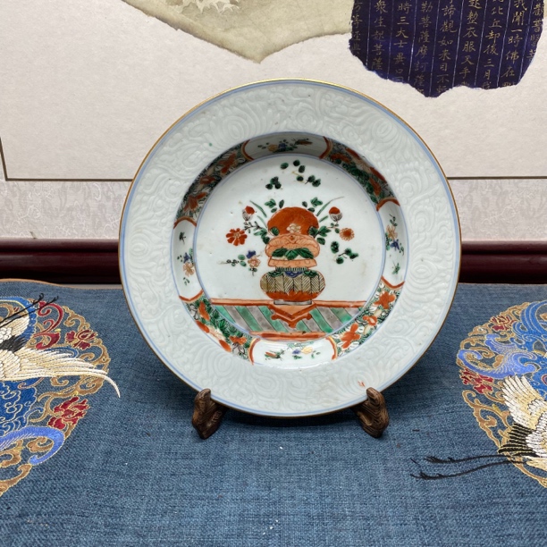 清康熙暗刻花卉粉彩盘8/康熙瓷器/古董，KC20240629010