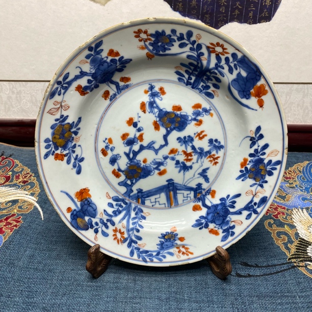 清康熙细路【梅竹先春】青花矾红描金梅盘81/古玩KC20241128010