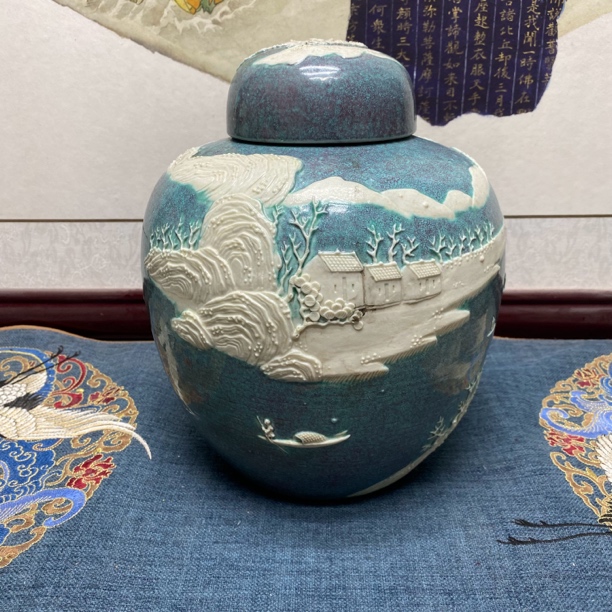 清晚期炉钧釉暗刻山水人物盖罐/收藏/老物件，KC20240904010