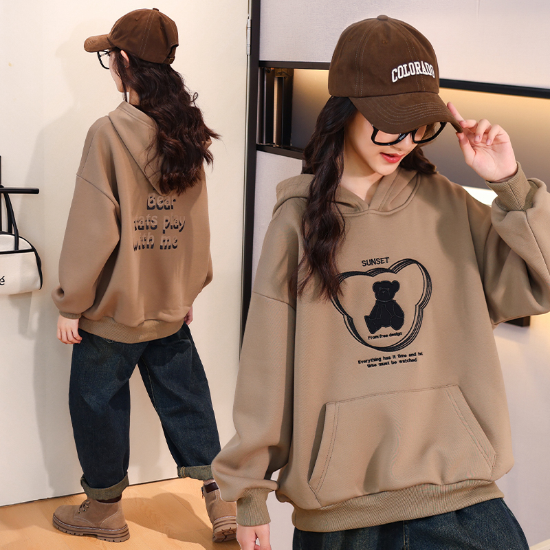 女童加绒卫衣儿童装秋冬衣服2024新款网红炸街连帽上衣女大童秋装