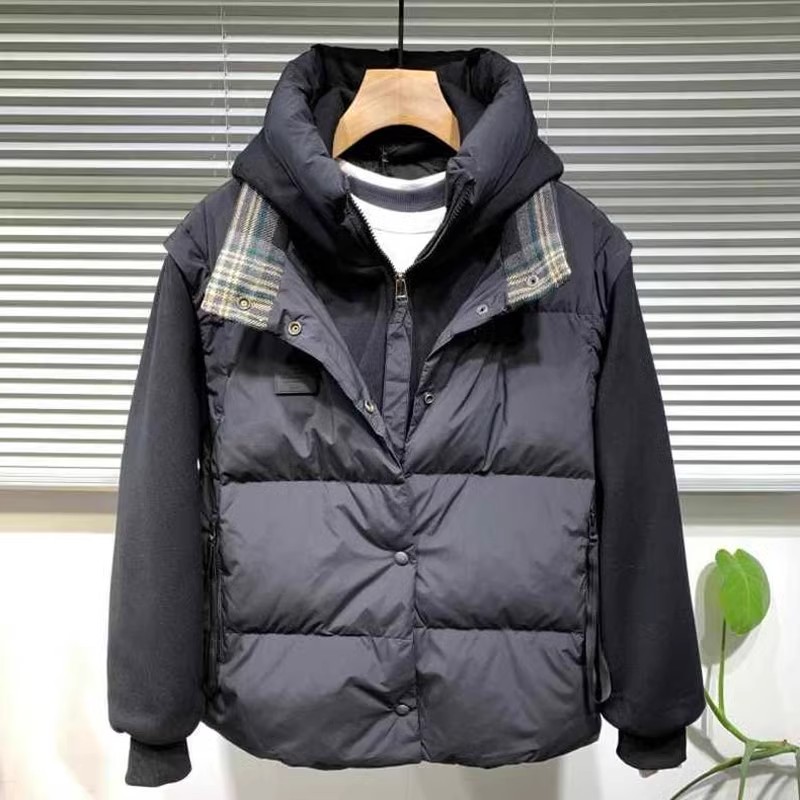 2023冬季新款潮流修身假两件连帽立领棉服外套男时尚休闲保暖棉衣