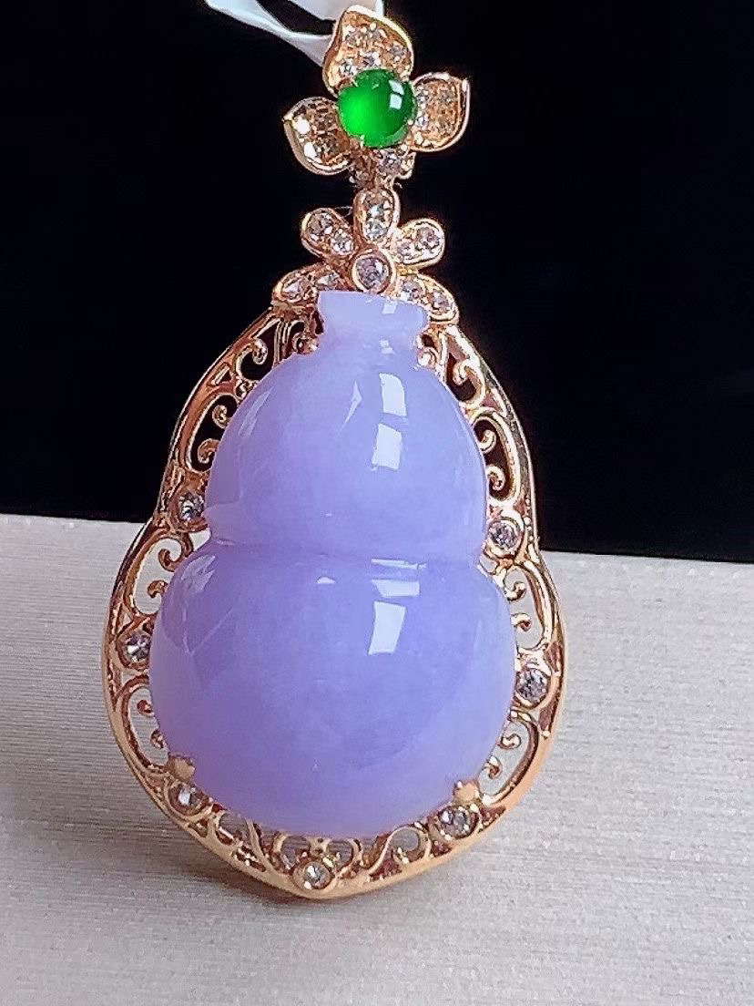 天然缅甸A货翡翠18k金镶妖紫罗兰葫芦吊坠j整体卡32.5/16.8/9.9mm