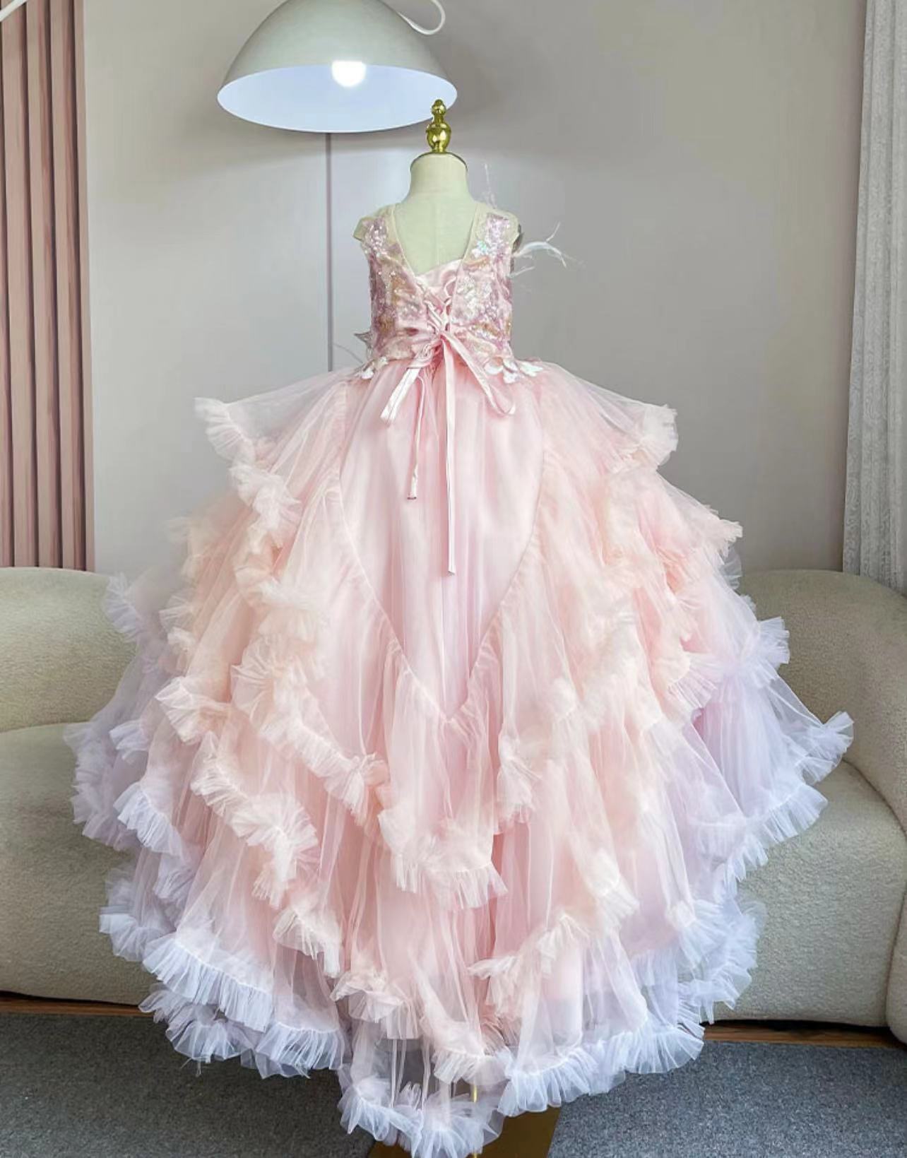 【戴安娜】女童主持人晚礼服钢琴演出服儿童公主裙粉色生日宴