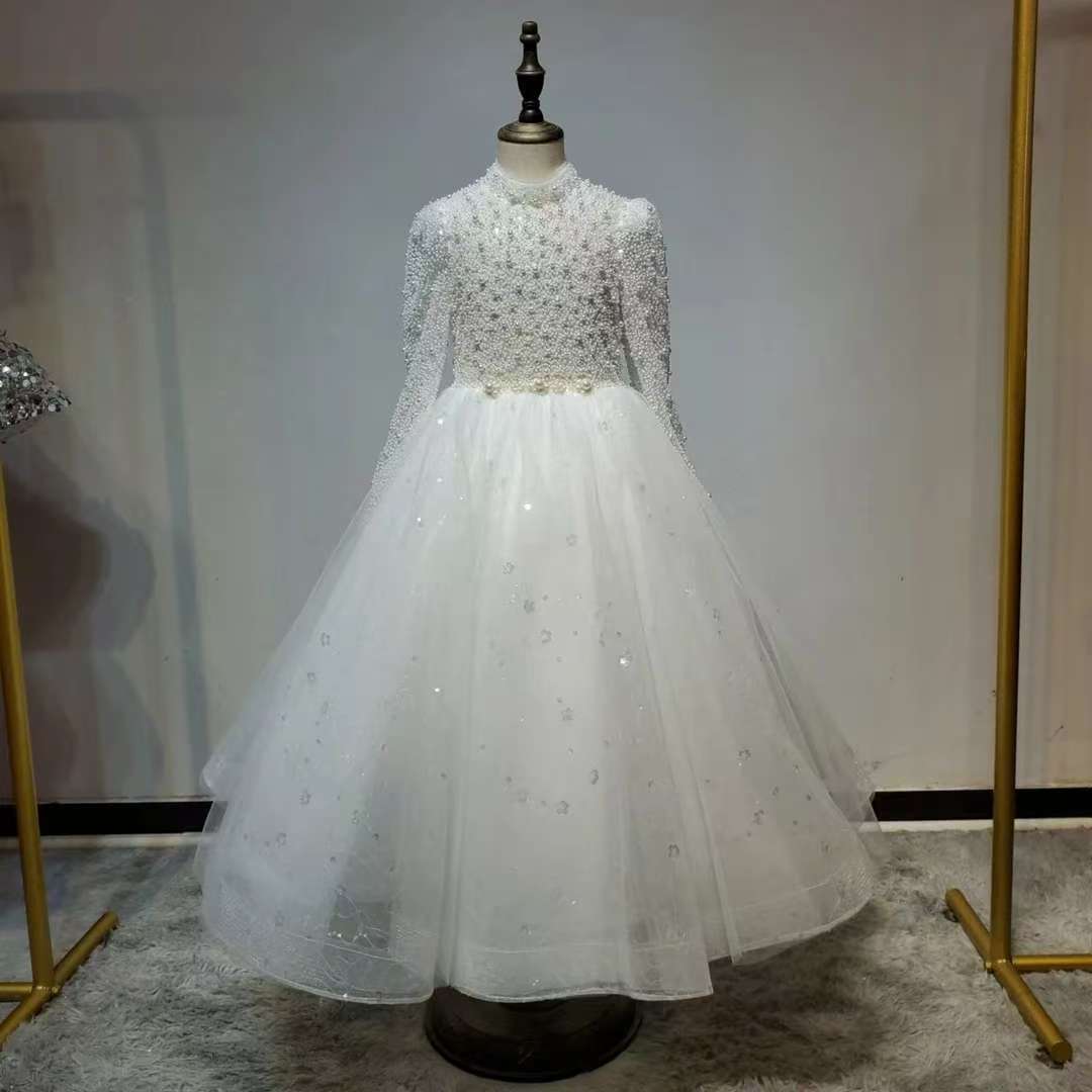 FOREVER长款纯白女童主持人晚礼服钢琴演出服儿童公主裙