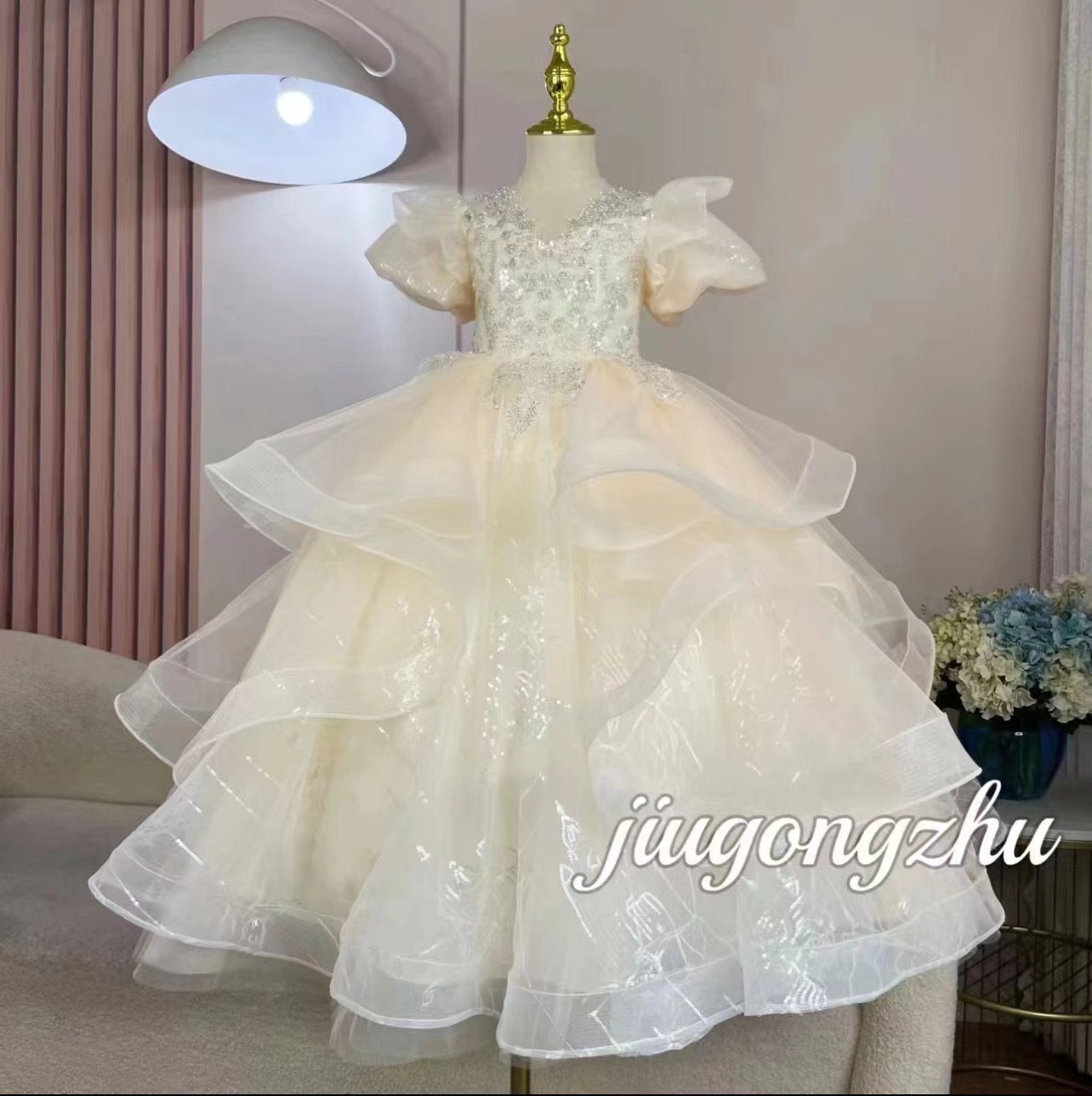 【璀璨短袖】香槟金儿童走秀礼服公主裙生日花童主持人钢琴演出服
