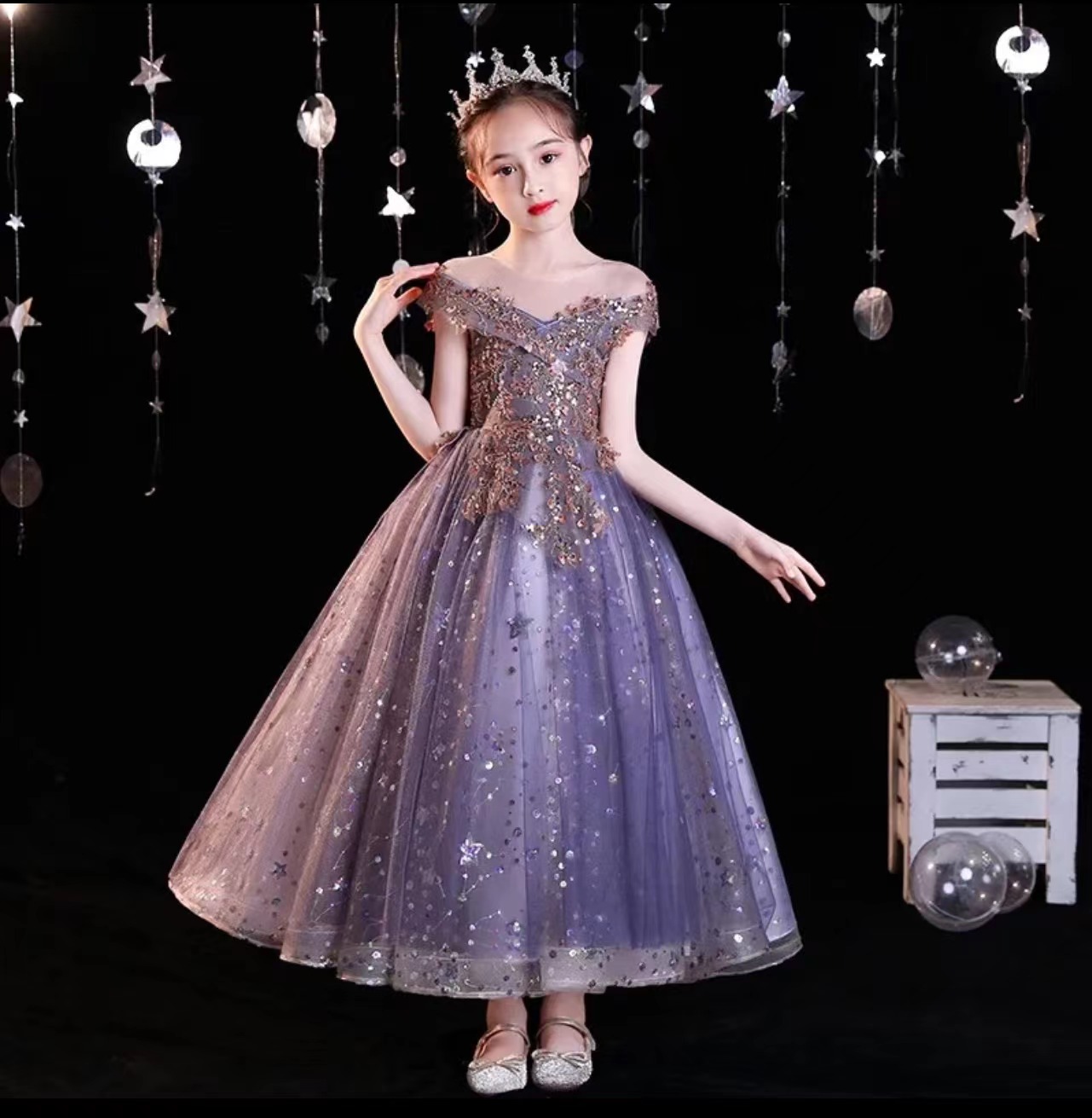 【木槿紫】女童主持人晚礼服钢琴演出服儿童公主裙紫色生日宴