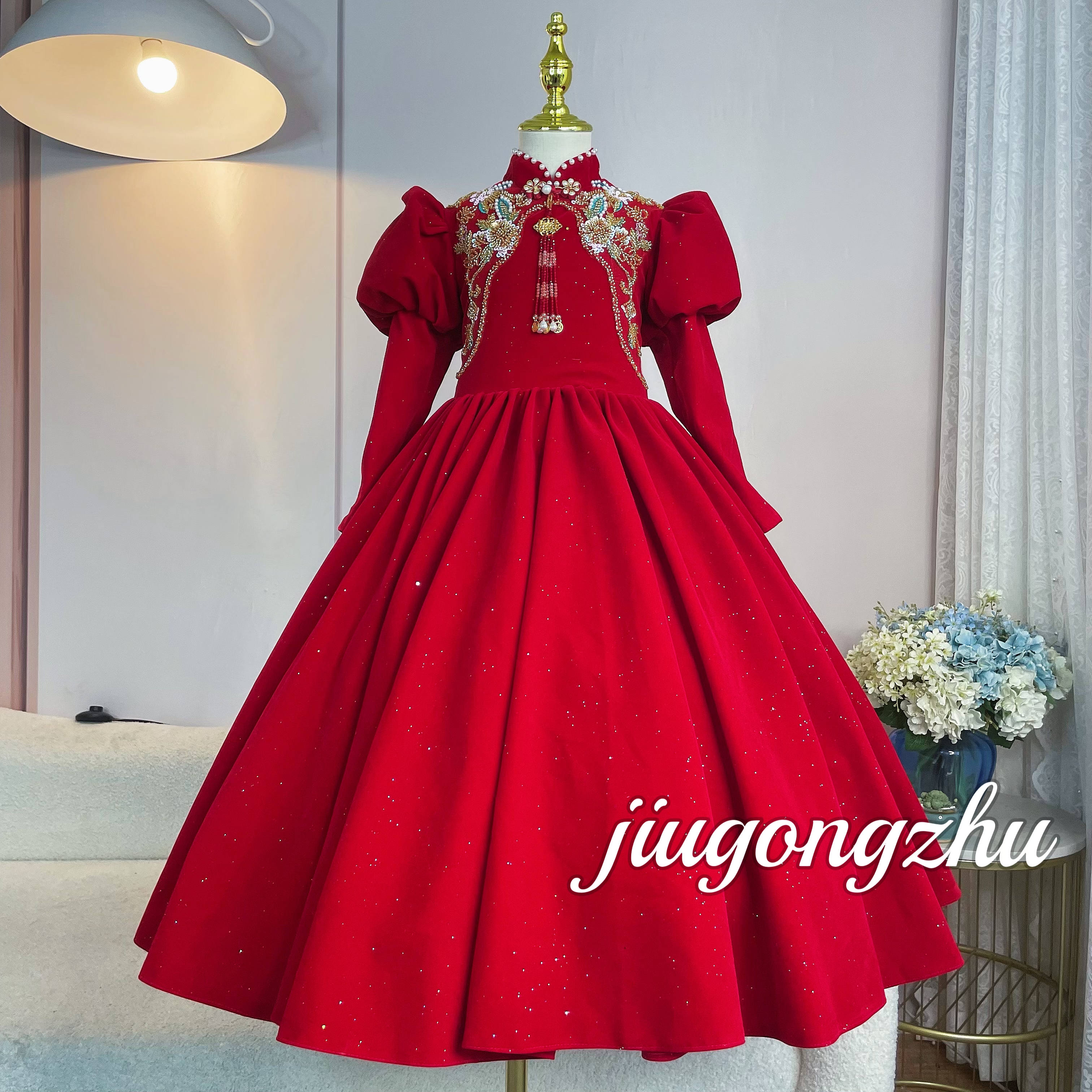 【良辰美景】礼服女童高端公主裙儿童主持人花童婚礼钢琴演出酒红