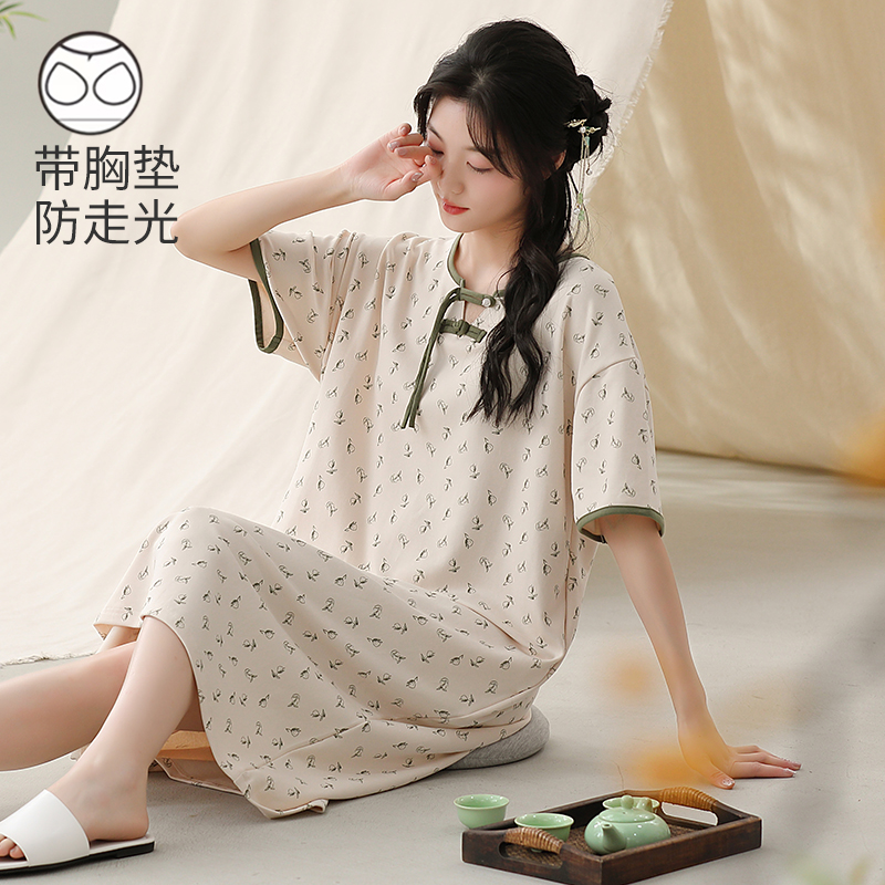 新中式国风睡裙女胸垫防凸点夏季女士宽松透气短袖纯棉睡裙高级感