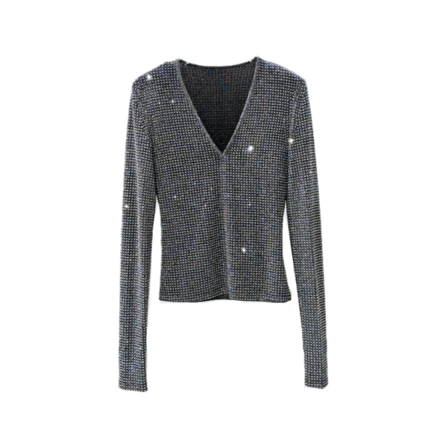 樺仔 闪闪惹人爱 重工烫钻设计师款V领气质打底上衣秋冬