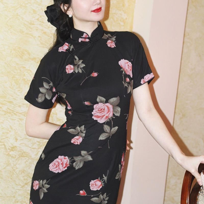 夏季新款复古改良中国风旗袍女黑色气质修身显瘦中长印花连衣裙子