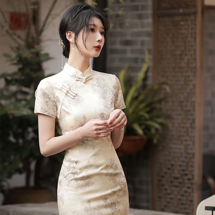 新款改良中国风旗袍小个子修身短款气质夏季复古收腰中长款连衣裙