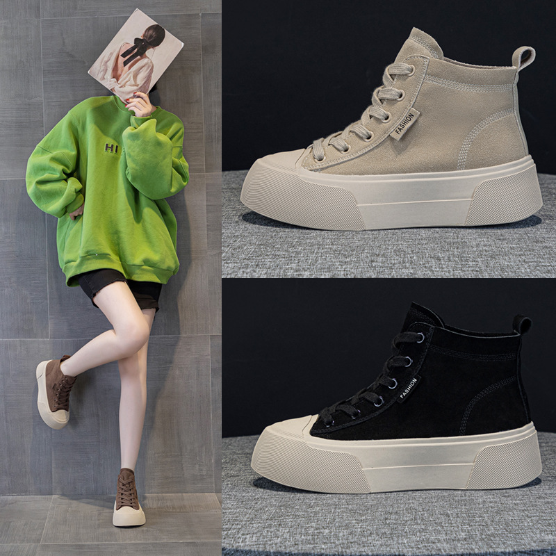 真皮复古高帮板鞋女2024秋季新款爆款厚底增高轻便运动休闲小白鞋