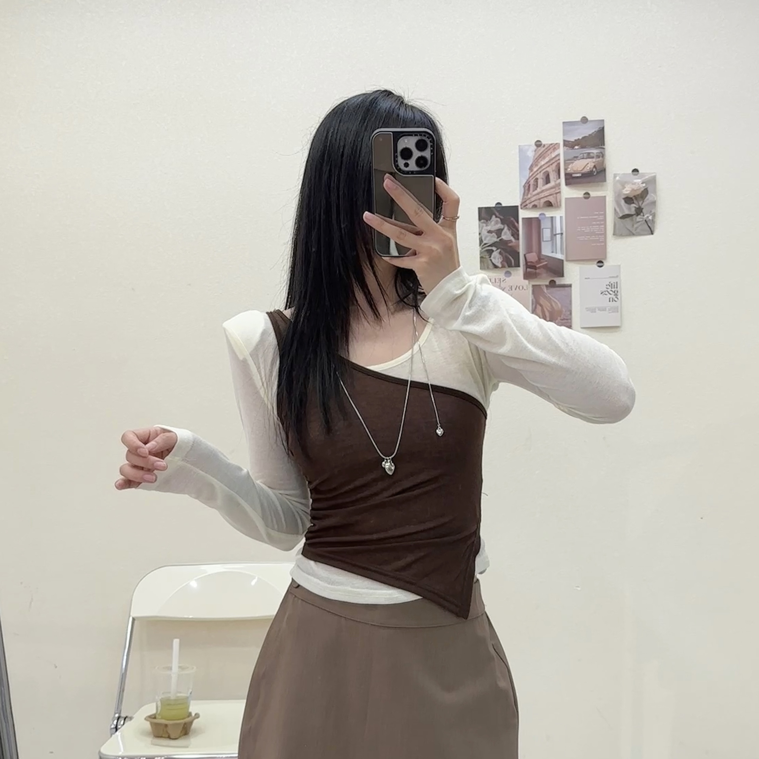 假两件垫肩修身上衣