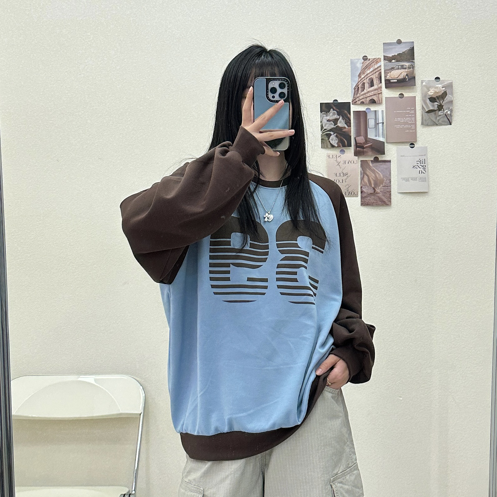 拼接色数字卫衣短款